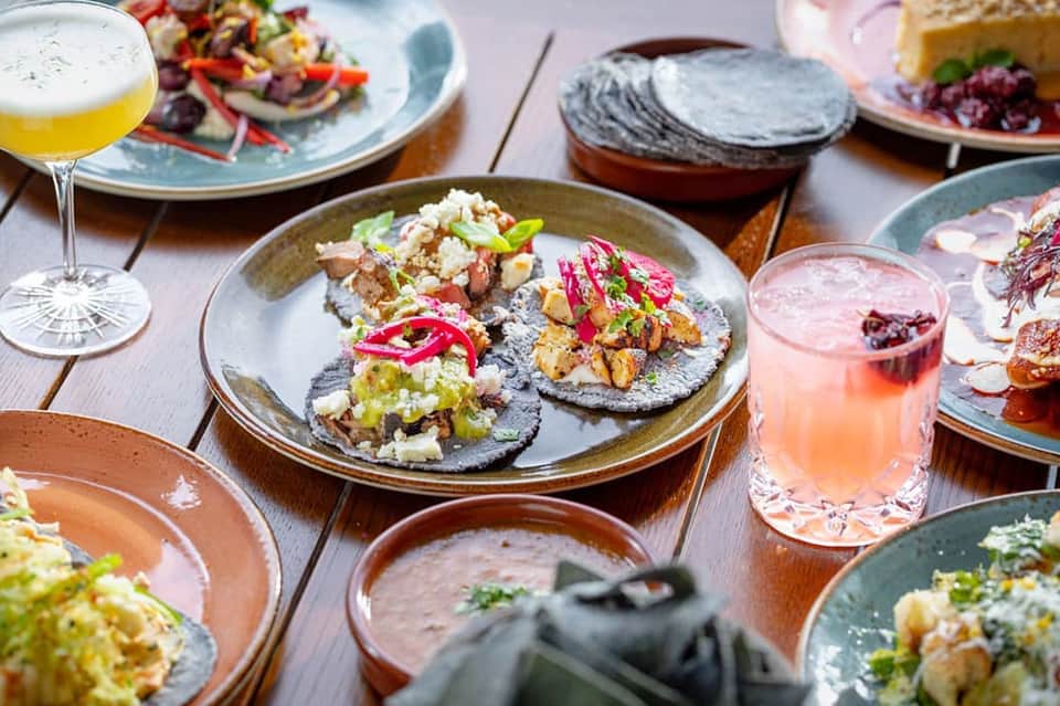 Fine dining table with gourmet small plates, colorful cocktails, and appetizers