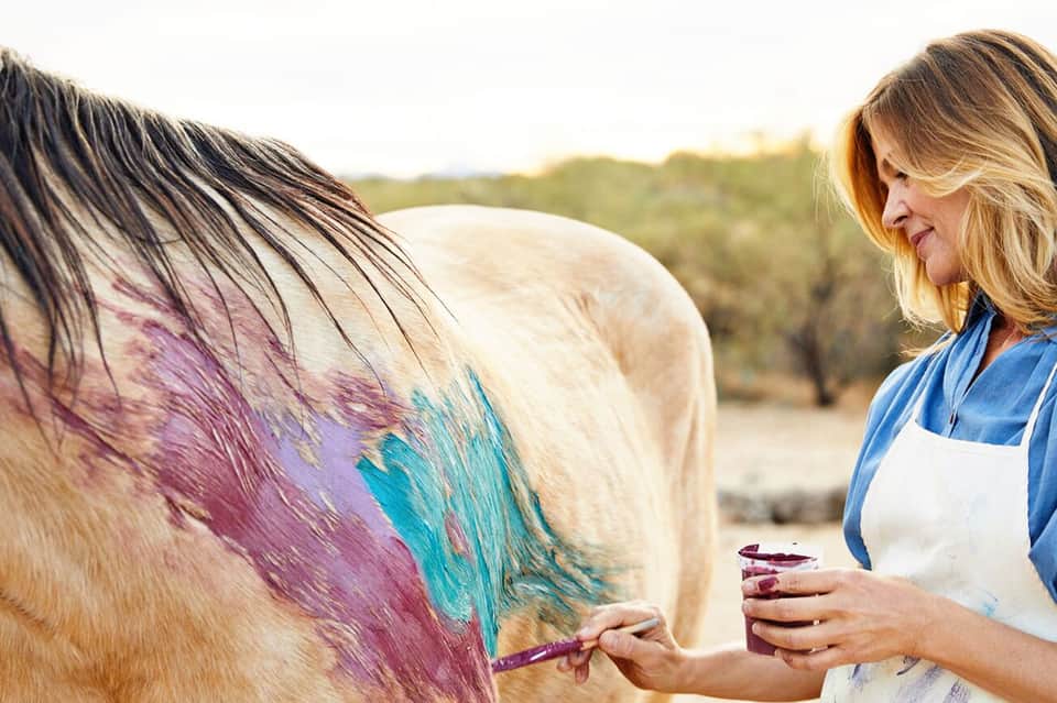 Woman painting colorful streaks on a white horse's mane outdoors in natural sunlight