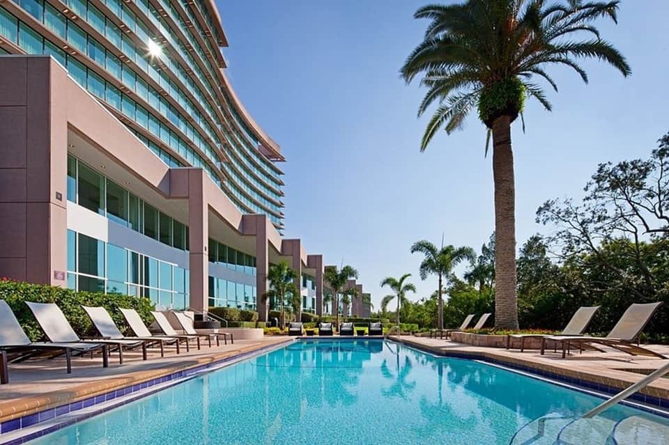 Resort pool with lounge chairs, palm trees, and curved modern building architecture under clear blue sky