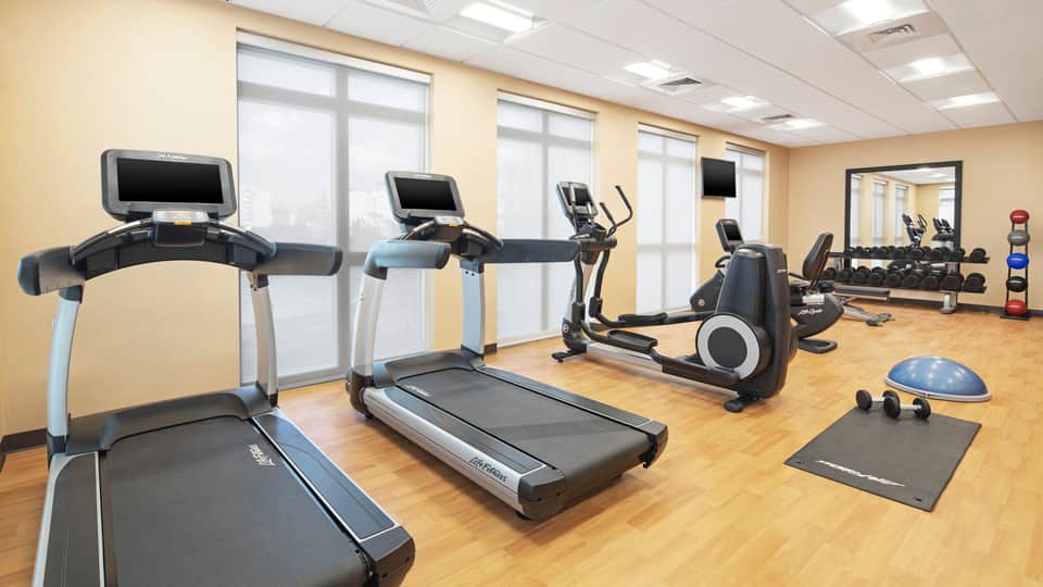 Gym with multiple treadmills, stationary bikes, exercise equipment, and large mirror in bright room