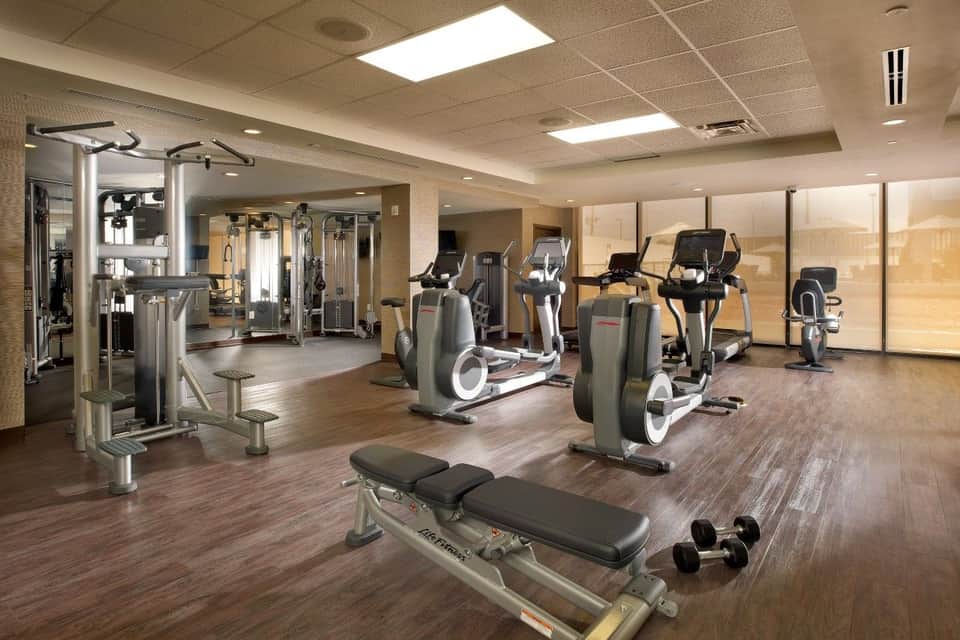 Modern fitness center with cardio equipment, weight machines, and large windows