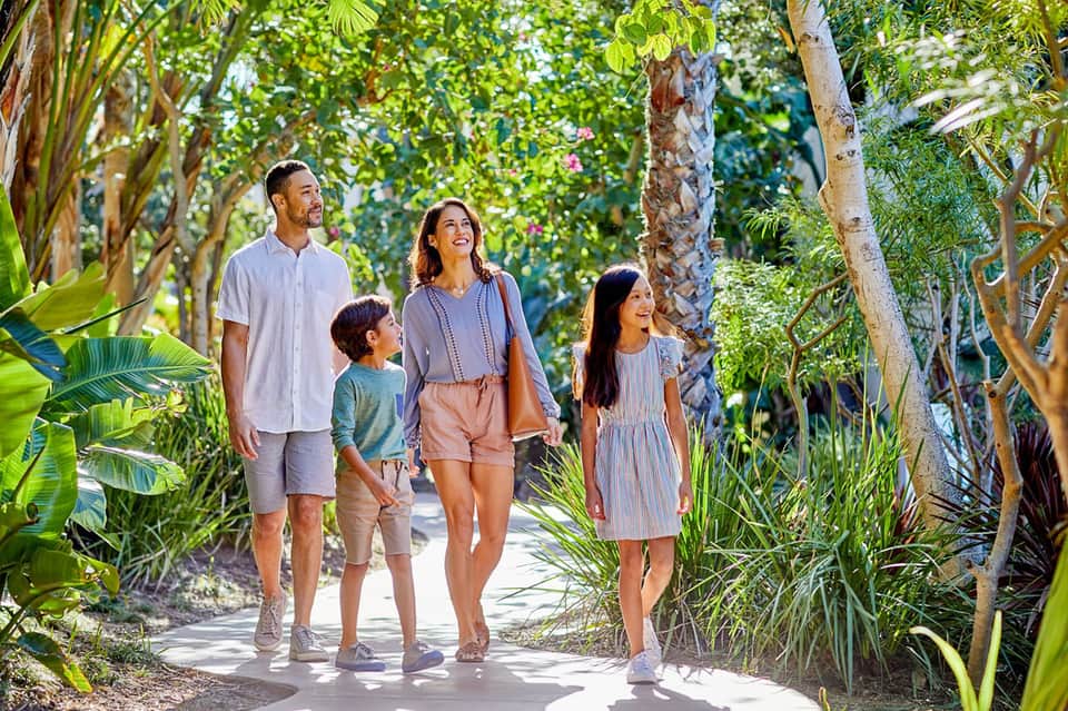 Family walking through lush tropical garden pathway lined with palm trees and greenery