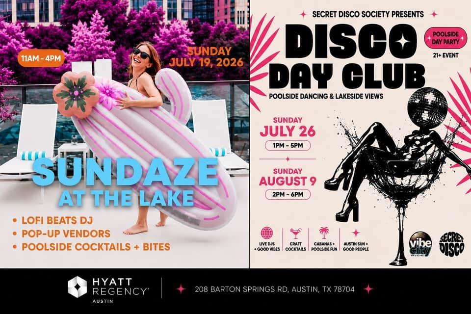 Hotel poolside event flyer featuring daytime pool party and disco day club promotional graphics
