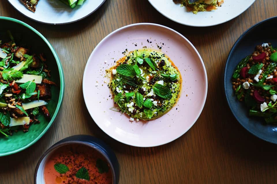Overhead view of artfully plated vegetarian dishes with herbs on wooden table