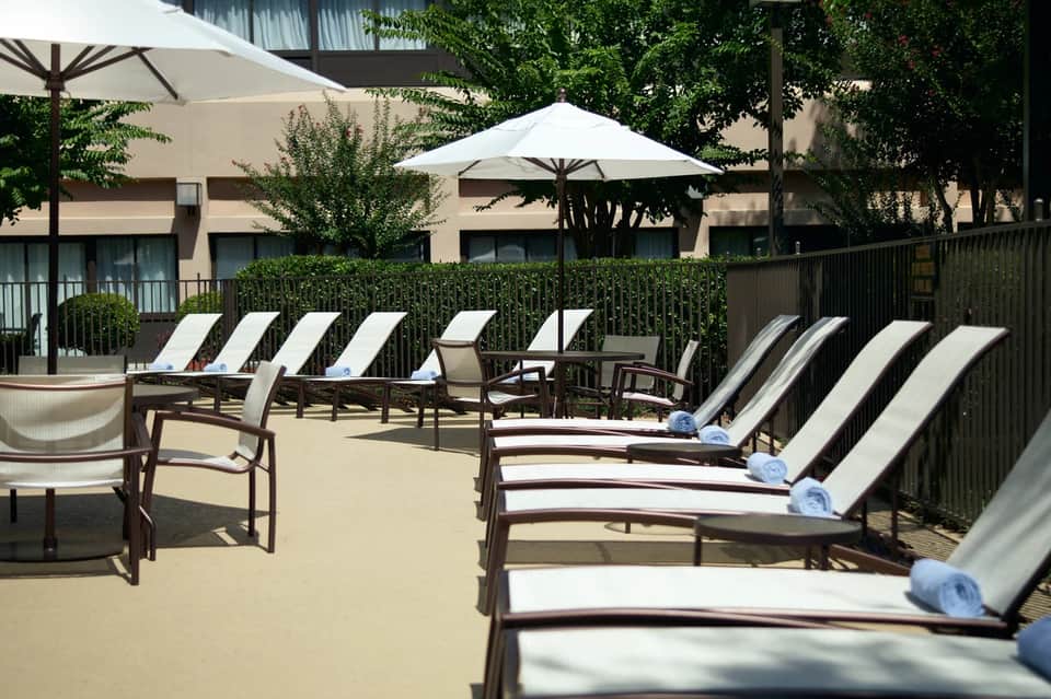 Resort pool deck with lounge chairs, umbrellas, and palm trees overlooking building facades