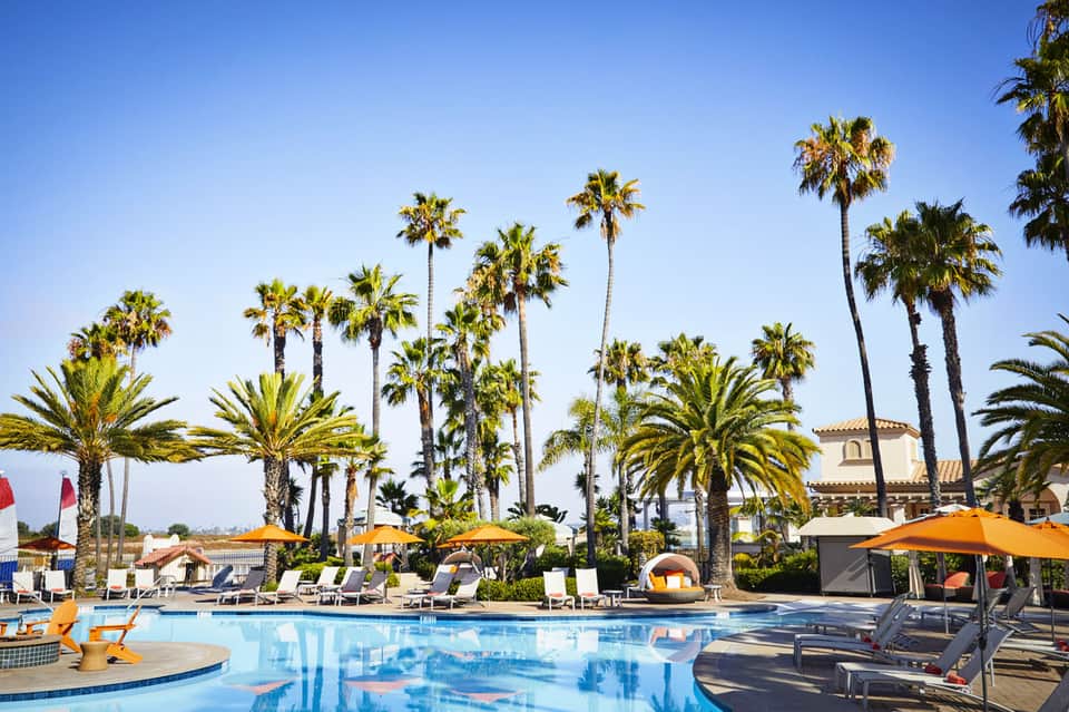 Beachfront resort pool with orange umbrellas, palm trees, and ocean view under clear blue sky