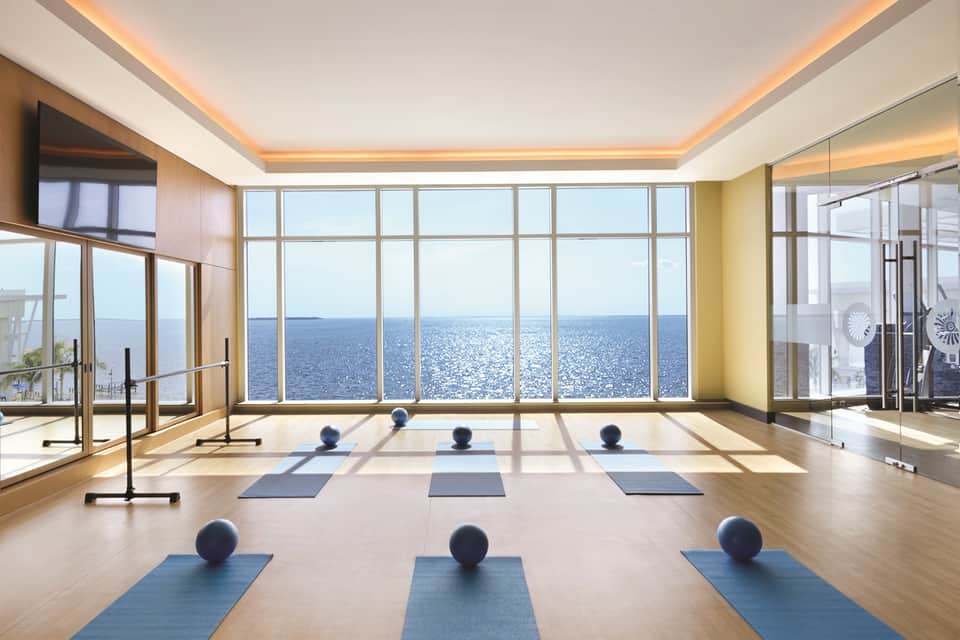 Yoga studio with ocean vista, blue mats with exercise balls, and floor-to-ceiling windows