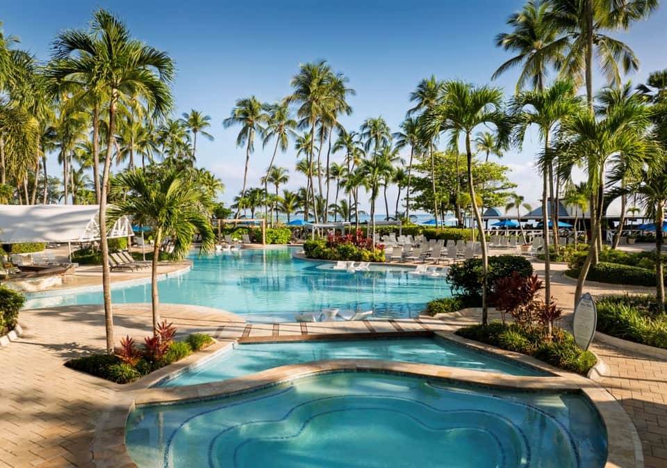 Curved resort pool with palm trees, lounge chairs, white umbrellas, and beach visible in distance