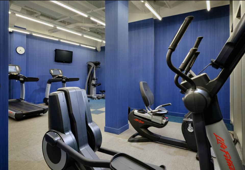 Modern gym with blue walls featuring cardio equipment including stationary bikes and elliptical machines