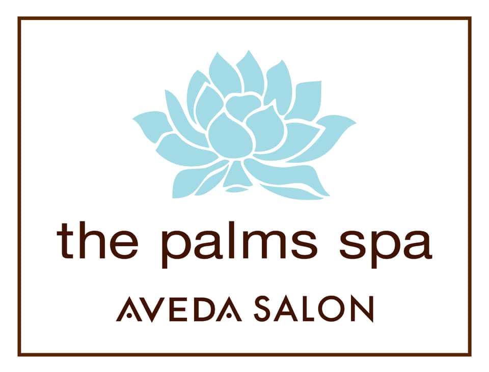 The Palms Spa Aveda Salon logo featuring turquoise lotus flower on white background