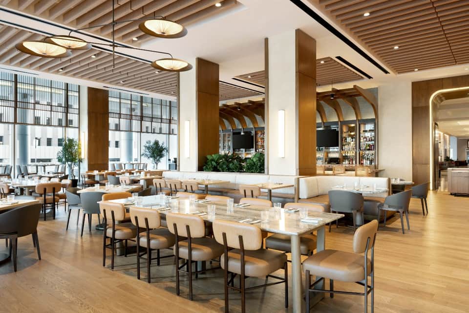 Contemporary restaurant dining area with wooden ceiling, white tables, and floor-to-ceiling windows