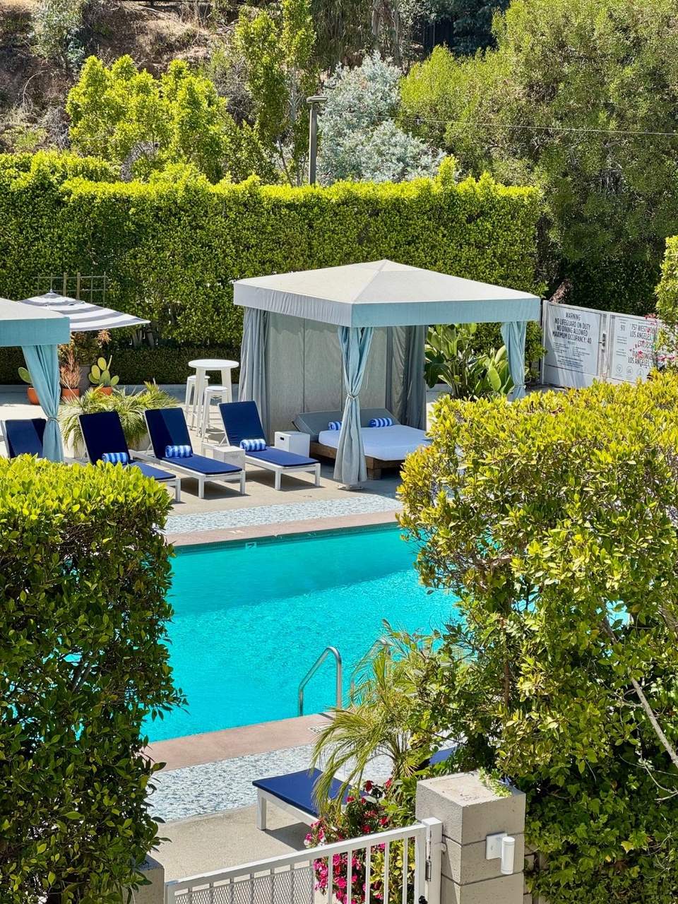 Luxury resort pool with turquoise water, cabana with blue curtains, loungers, and lush green hedges surrounding the patio area.