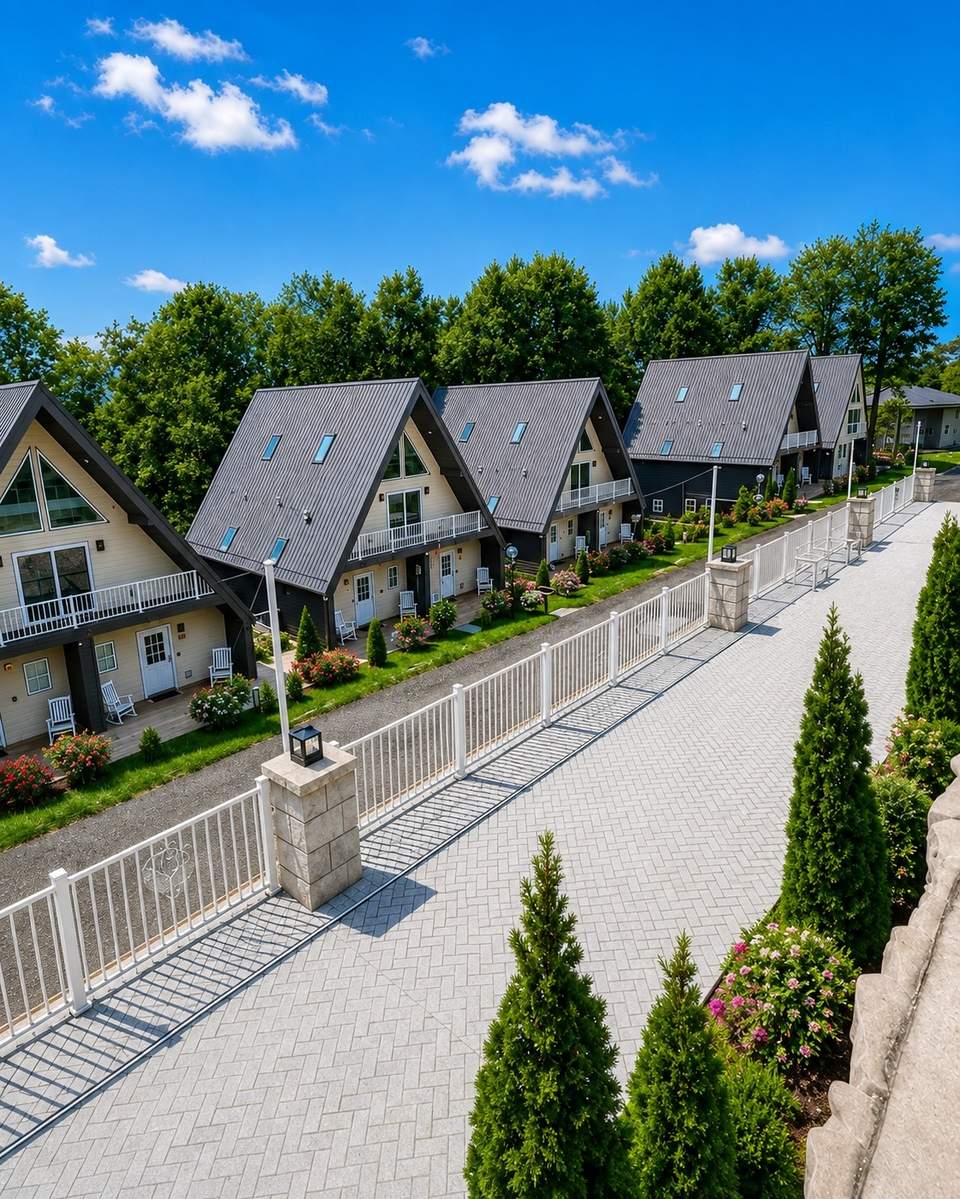 Row of modern cottage-style guest rooms with peaked roofs and walkway