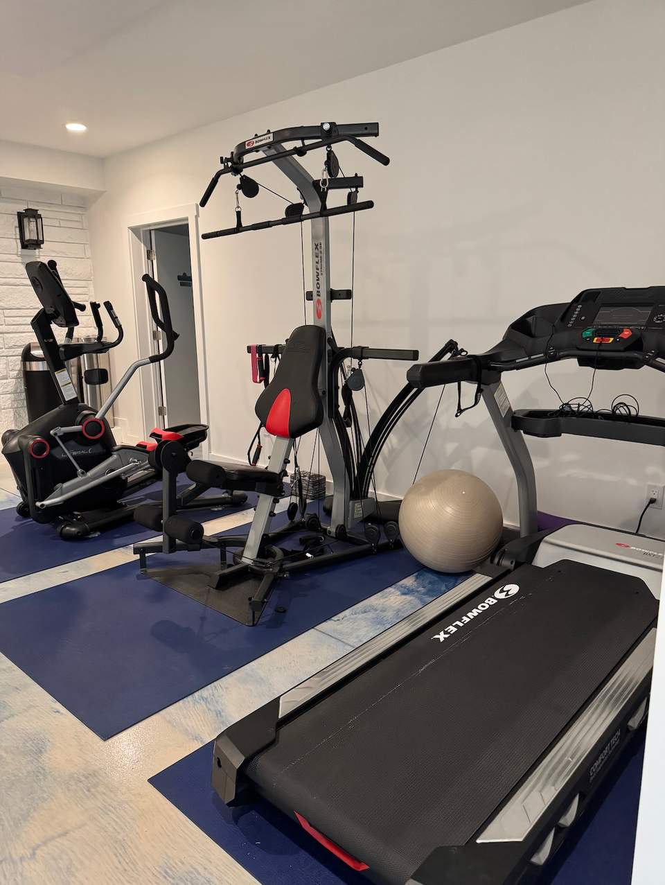 Fitness center with treadmill, exercise bike, cable machine, and stability ball