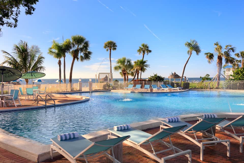 Large swimming pool at sunset with palm trees, lounge chairs, and distant cityscape
