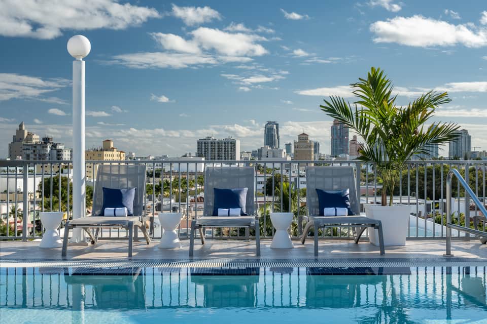 Rooftop pool deck with loungers, tropical plants, and panoramic city skyline views on clear blue day