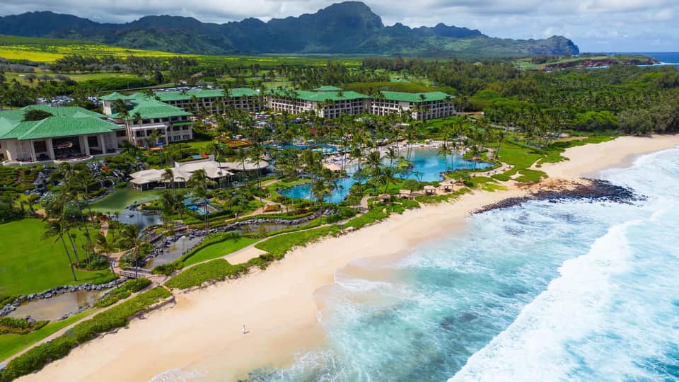 Aerial view of beachfront resort with green roofs, multiple pools, palm trees, sandy beach, and ocean