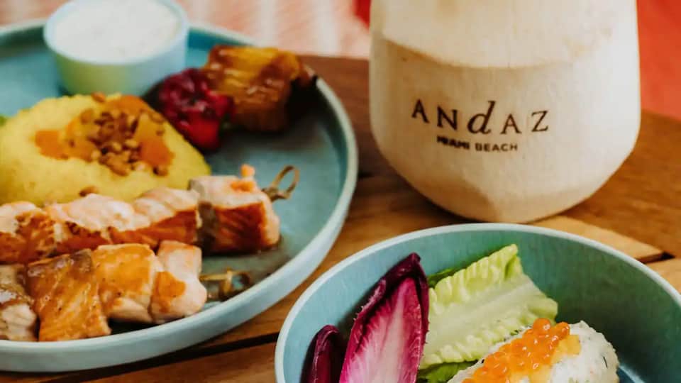 Upscale sushi and Asian cuisine dishes at Andaz beach restaurant with decorative presentation