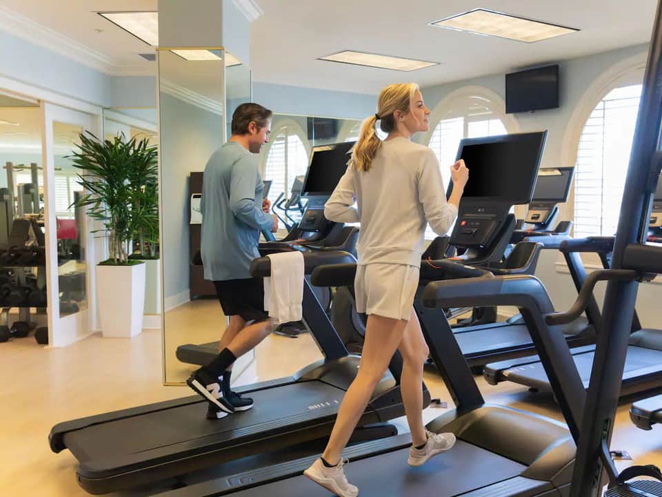 Contemporary fitness center with treadmills and exercise equipment, mirrored walls, and natural lighting from arched windows