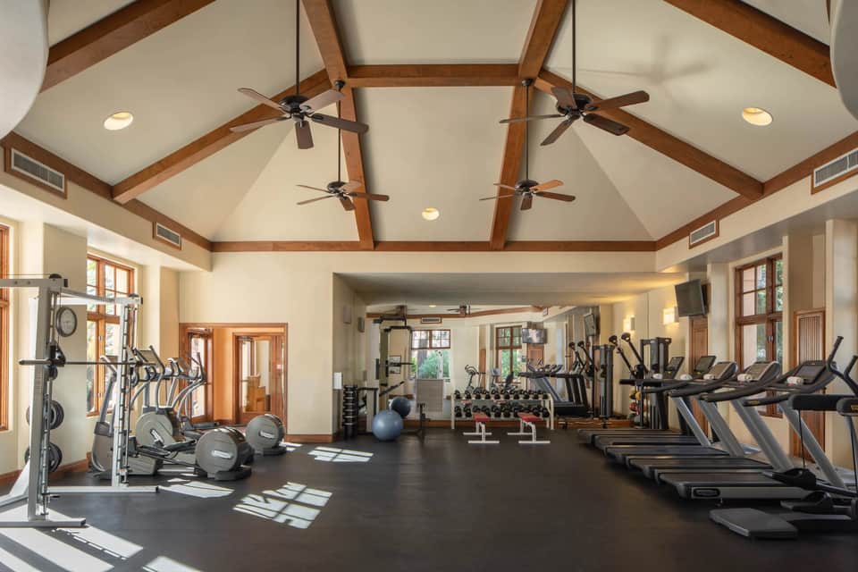 Spacious gym with wooden vaulted ceiling, cardio equipment, weights, and natural light