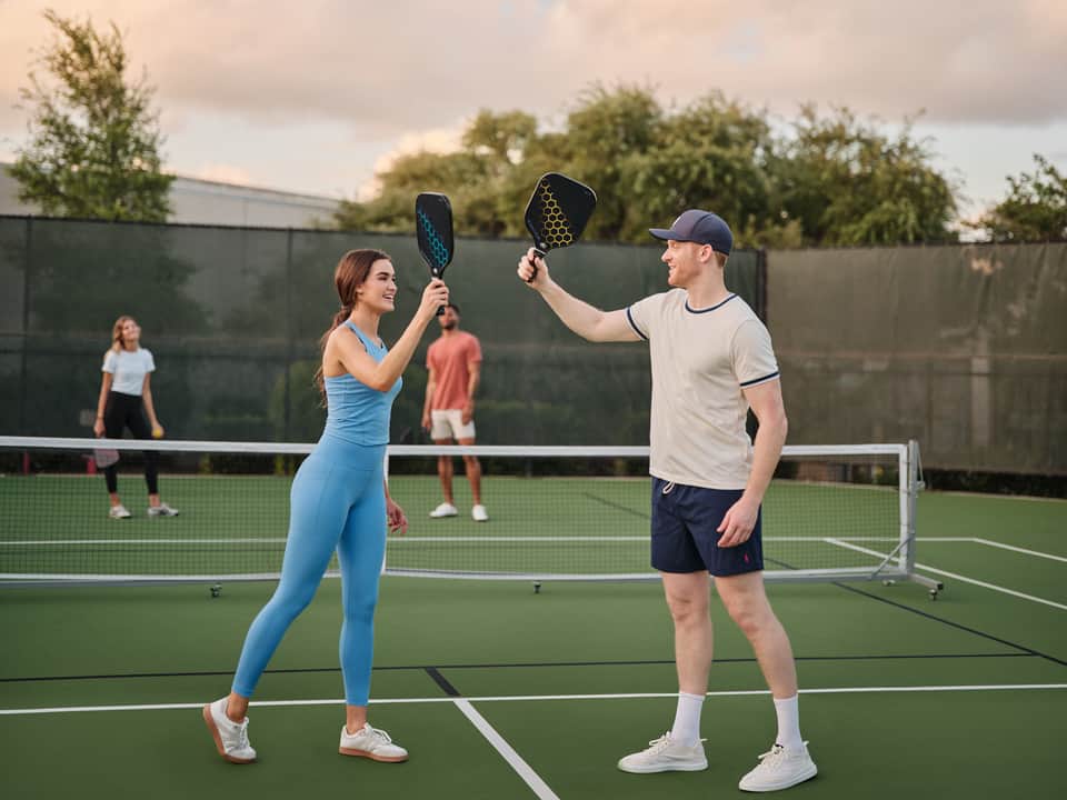 Two people playing pickleball on outdoor court, celebrating with paddles raised, observers in background