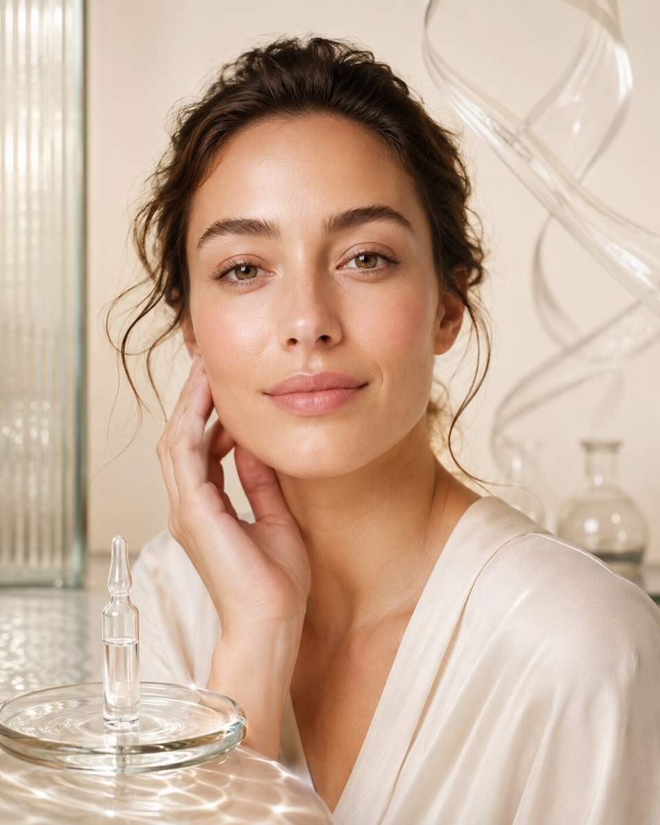 Woman with glowing skin touching her face beside skincare serum bottle
