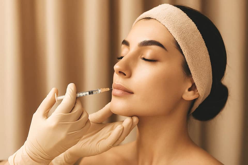 Woman receiving dermal injection treatment on cheek in medical aesthetic clinic