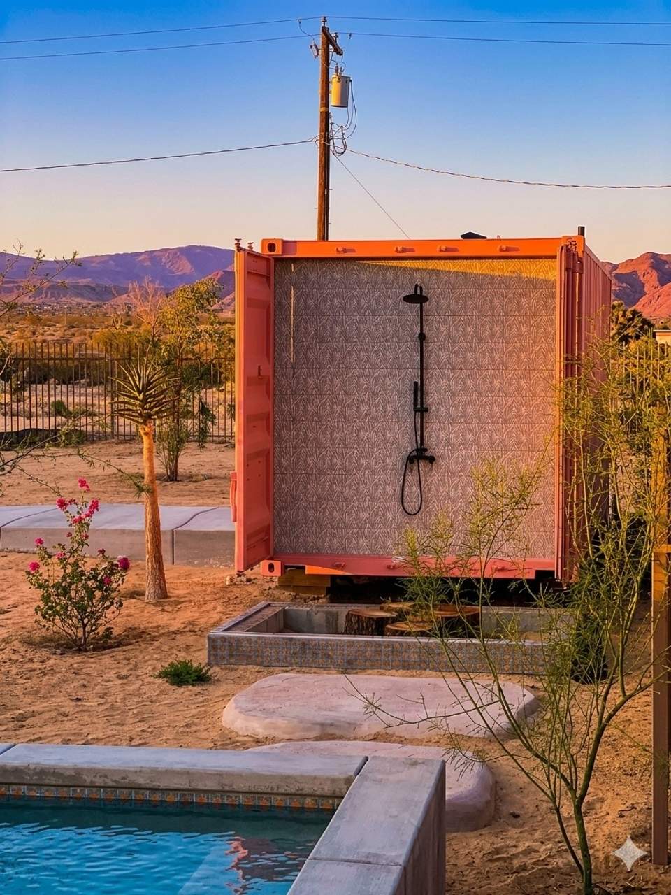 Orange shipping container shower structure next to geothermal pool with desert and canyon views