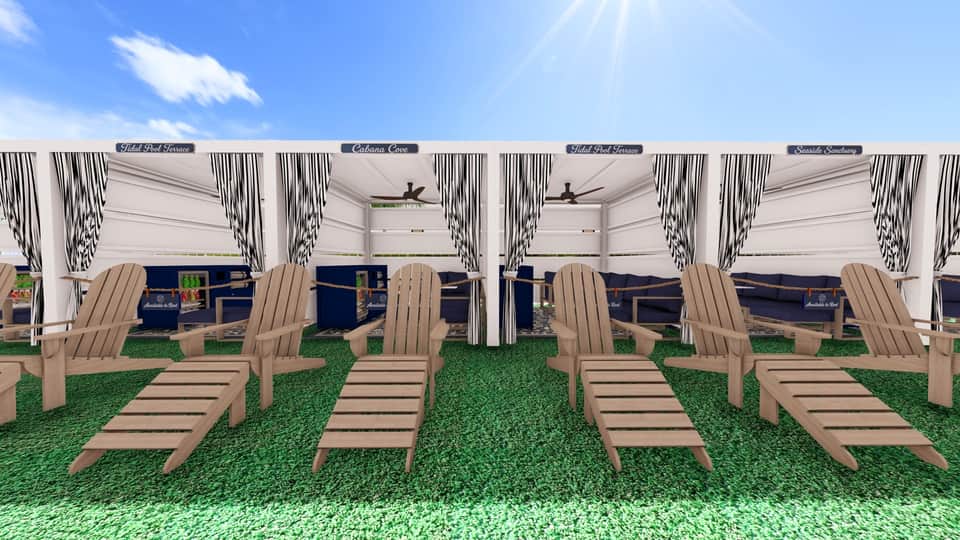 Multiple Adirondack chairs under white cabanas with striped curtains on artificial grass