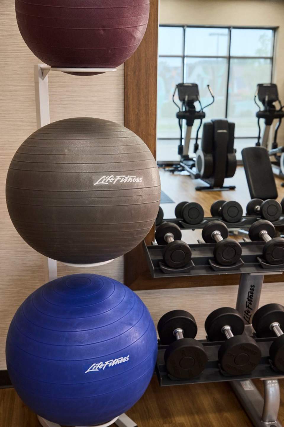Fitness studio detail showing exercise balls and dumbbells with gym equipment and windows in background