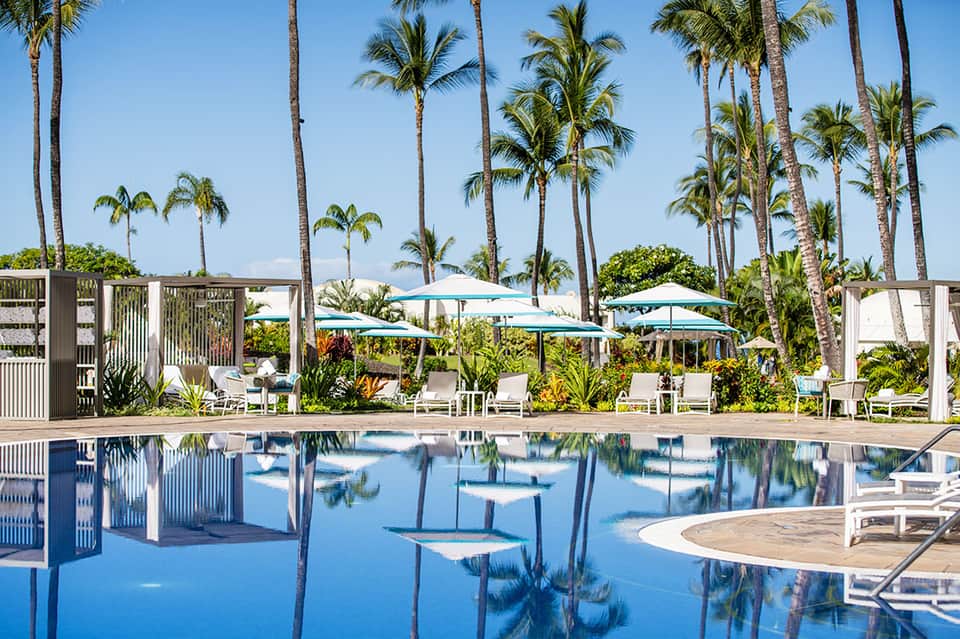 Resort pool surrounded by palm trees with blue umbrellas and white loungers on sunny day