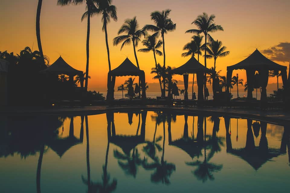 Tropical resort at sunset with silhouetted palm trees, black tent pavilions, and reflection in still water