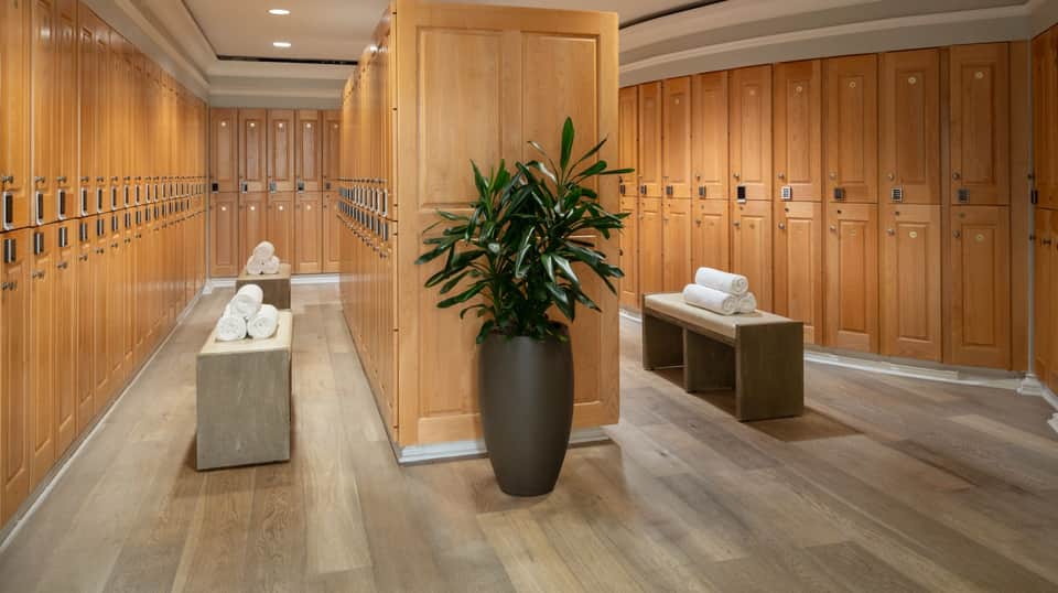 Luxury spa locker room with wooden lockers, towel displays, and potted plant