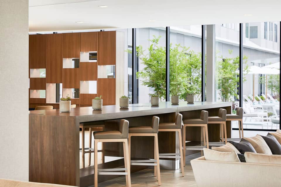 Modern hotel bar with wooden accent wall, bar seating, potted plants, and floor-to-ceiling windows overlooking terrace