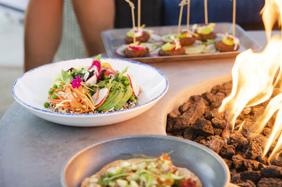 Colorful plated salad with vegetables and edible flowers, fire pit visible in background at outdoor dining event