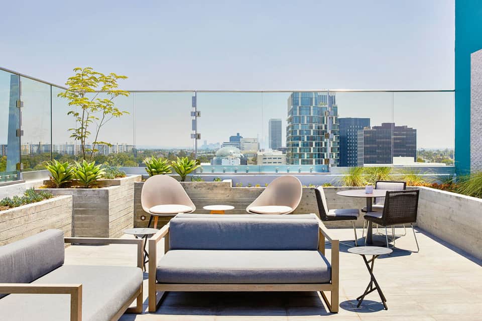 Modern rooftop lounge with city skyline views, contemporary seating, and potted plants