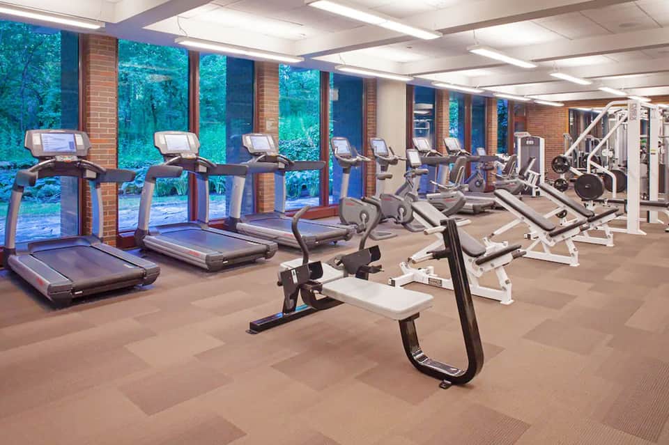 Modern fitness center with treadmills, exercise bikes, and weight equipment along large windows overlooking trees