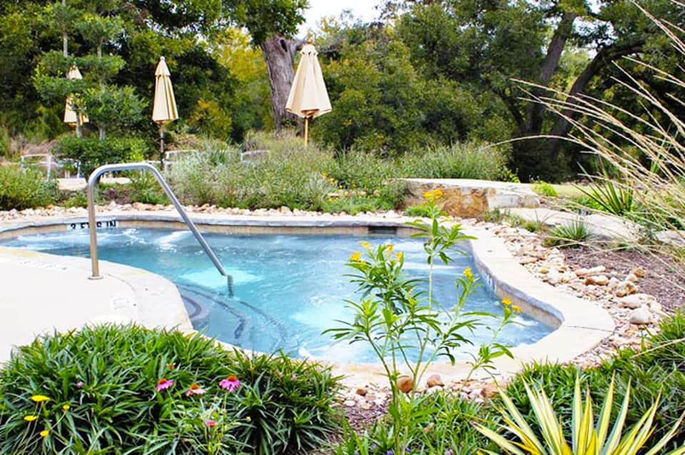 Resort pool with blue water surrounded by lounge chairs, umbrellas, and lush tropical landscaping with mature trees