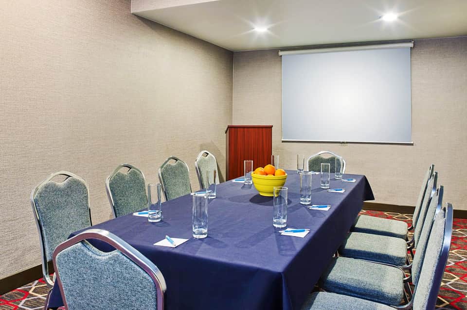 Conference room with blue-draped rectangular table, chairs, projector screen, and fruit centerpiece