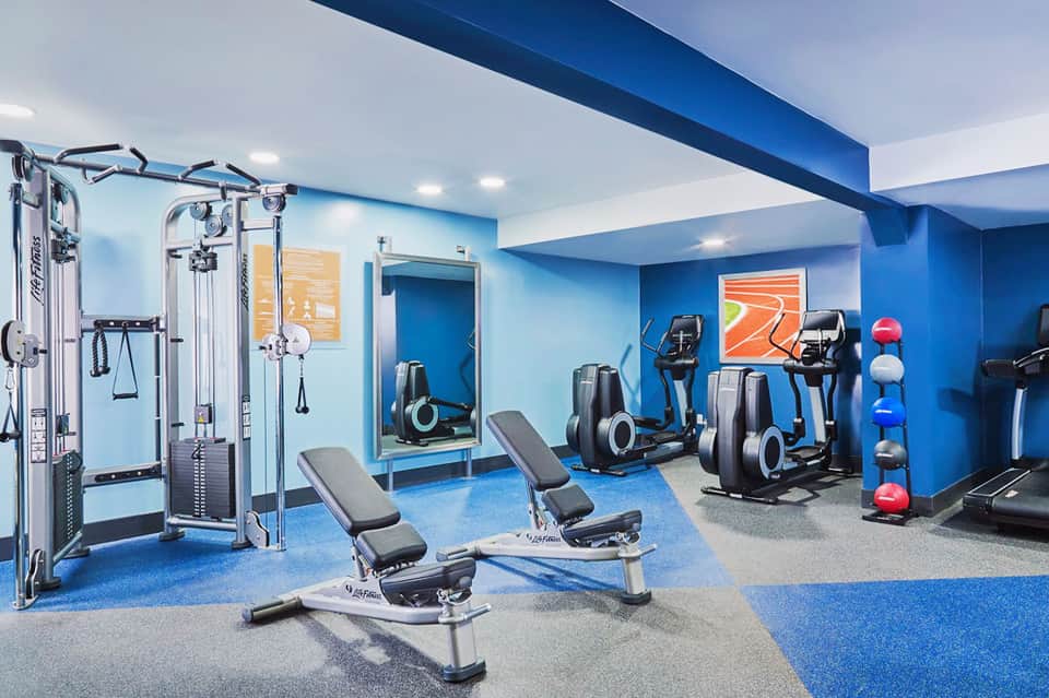 Modern fitness center with blue flooring, cardio equipment, weight machines, and exercise balls