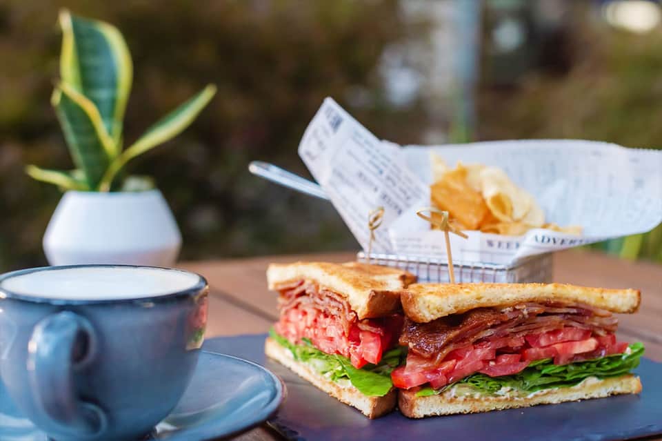 Gourmet sandwich with cured meats and fresh greens beside blue coffee cup and small potted plant
