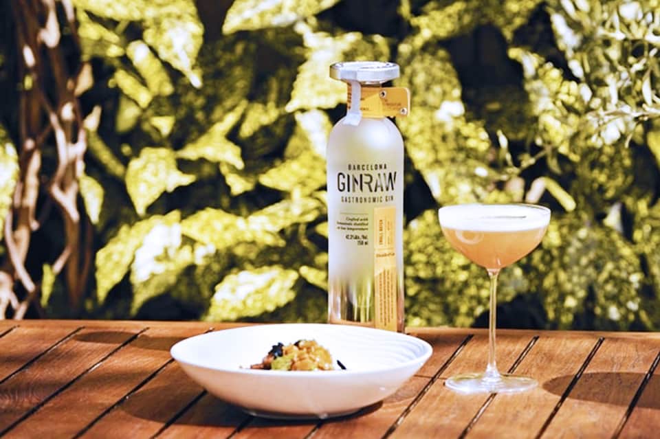 Gin bottle and cocktail on wooden table with botanical background and plated dish
