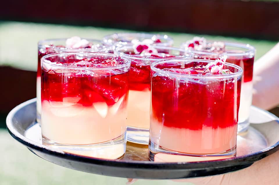 Red and white layered cocktails garnished with flower petals on a dark serving plate