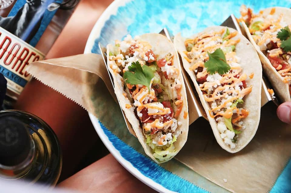 Three fish tacos with fresh toppings and cilantro served on a white plate with beverage