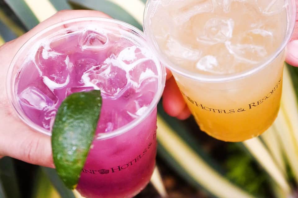 Two colorful cocktails with lime garnish and ice at a beachfront resort bar