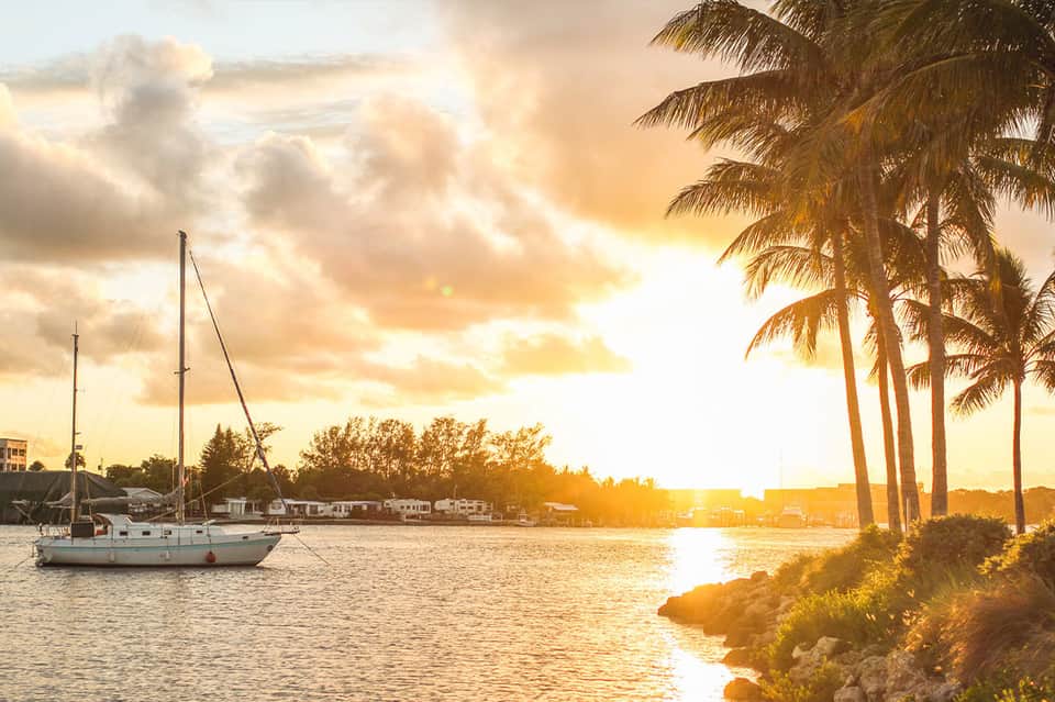 Sailboat anchored in golden sunset light with palm trees and waterfront homes along the shore