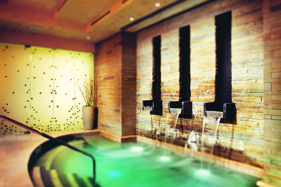 Modern spa interior with green water feature and black stone accents