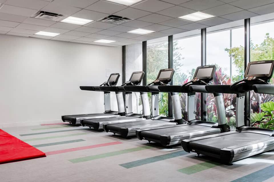 Modern fitness center with multiple black treadmills, large windows overlooking greenery, and colorful floor accents