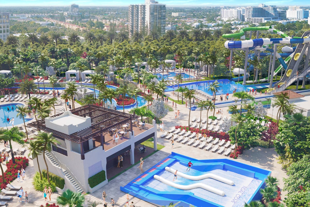 Aerial rendering of the pools, lazy river, and waterslides at Tidal Cove Waterpark at JW Marriott Miami Turnberry Resort & Spa
