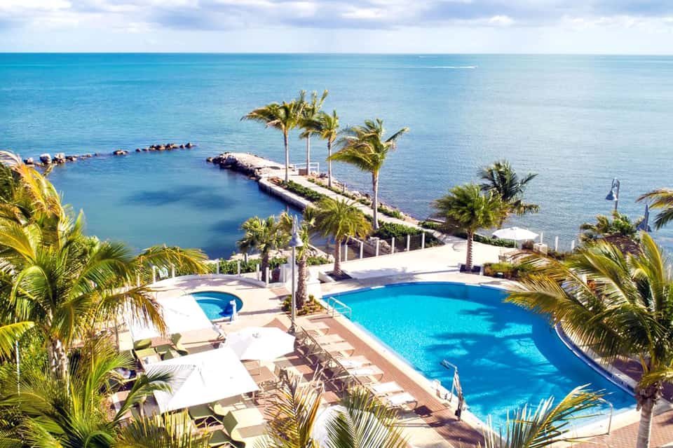 Aerial view of curved blue swimming pool with palm trees and ocean pier beyond
